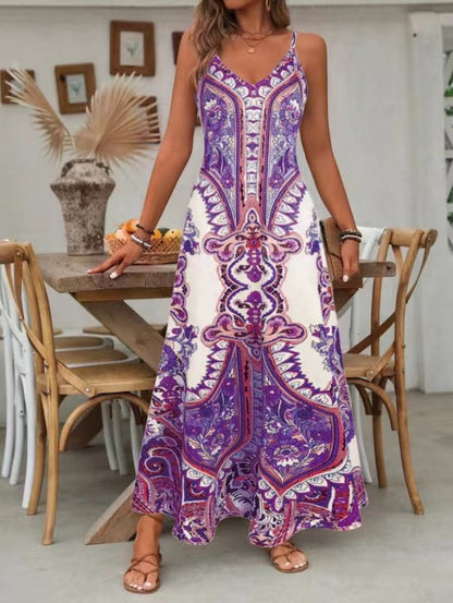 ⌛🔥Limited Edition 2026🎁 Retro-Print V-Ausschnitt Trägerloses Maxikleid für Damen