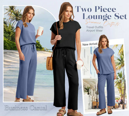 🌺Novedades 2025: 49 % de descuento🌺Conjunto de dos piezas con top y pantalones cortos de pierna ancha y mangas cortas informales para mujer 2025