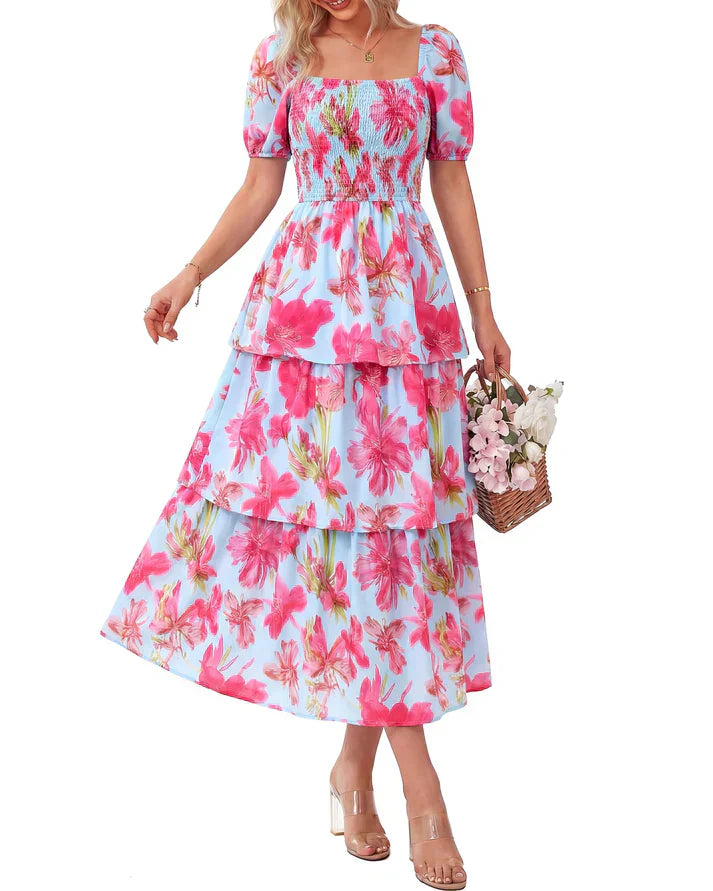 💃Damen Blumenkleid mit eckigem Ausschnitt & Puffärmeln 🌸