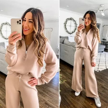💝🔥Black-Friday-Mega-Angebot – 50 % Rabatt!🔥Damen-Loungeset aus 2 Teilen mit Oversize-Schnitt, halbem Reißverschluss und weitem Bein