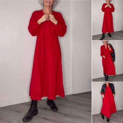 🎁Heiße Neuankömmlinge💃 Elegantes Kleid mit V-Ausschnitt und langen Ärmeln