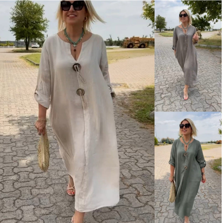 👗50% de descuento✨Vestido casual de cuello en V en algodón y lino
