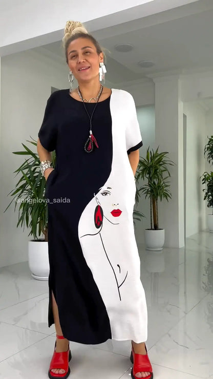 👗Schönes, lockeres Maxikleid mit abstraktem Gesichtsdruck in Schwarz und Weiß