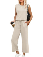 🌺2025 Neu eingetroffen - 49% OFF🌺2025 Neue Frauen Casual Cap Sleeve Top Wide Leg Crop Pants Zweiteilige Sets