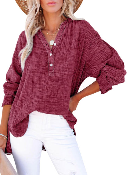 🍀Blusas casuales de gasa con botones al frente y manga larga para mujer en talla grande