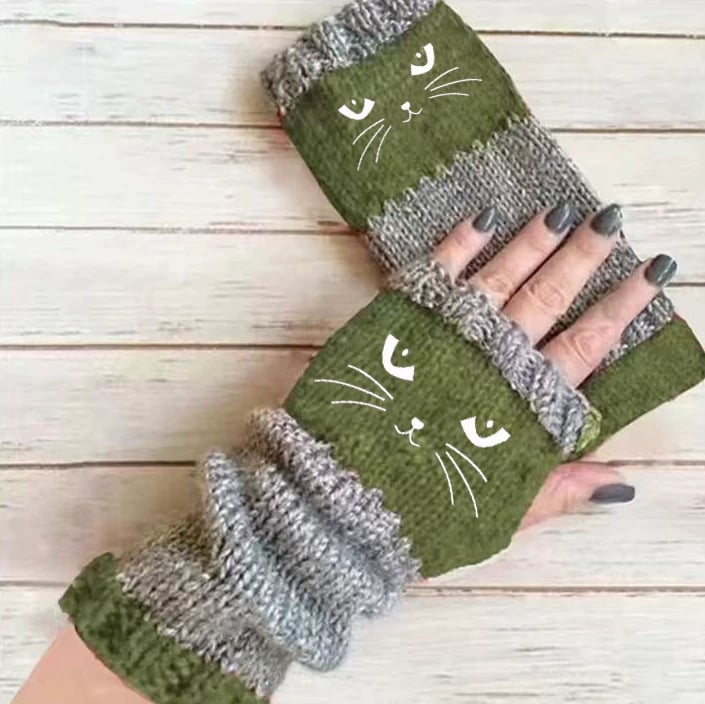 🔥LETZTER TAG – KAUF 1, ERHALTE 1 GRATIS🧤Damen-Strickhandschuhe ohne Finger mit süßem Katzenmuster🐱