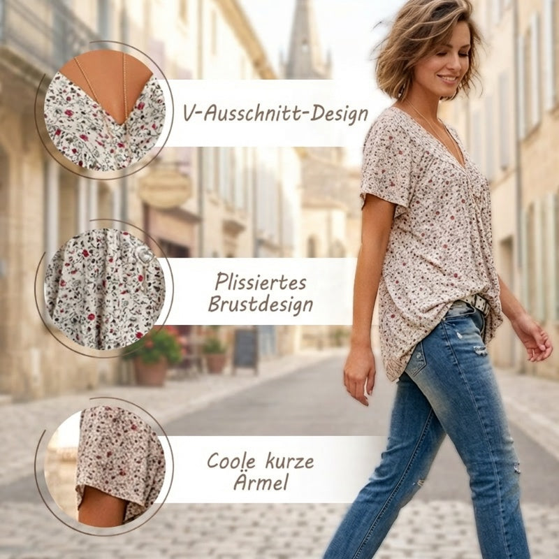 🌞Frühlingserwachen: 50% Rabatt!🌸Damen Kurzarmbluse mit Frühlingsblumenprint: V-Ausschnitt & lockere Passform – Atmungsaktiv, knitterfrei & figurschmeichelnd für Frühling & Sommer