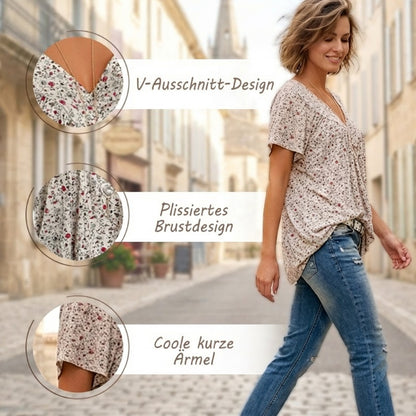 🌞Frühlingserwachen: 50% Rabatt!🌸Damen Kurzarmbluse mit Frühlingsblumenprint: V-Ausschnitt & lockere Passform – Atmungsaktiv, knitterfrei & figurschmeichelnd für Frühling & Sommer