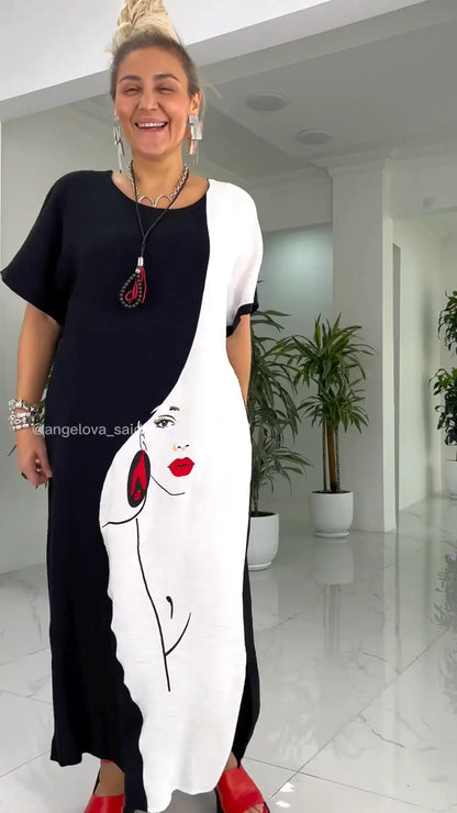 👗Schönes, lockeres Maxikleid mit abstraktem Gesichtsdruck in Schwarz und Weiß