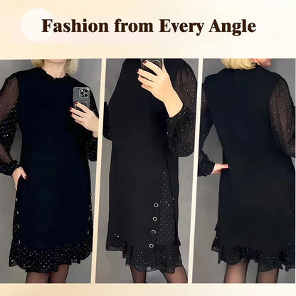 💖Räumungsverkauf 💖🔥Damenkleid mit Rundhalsausschnitt und einfarbigem Strass