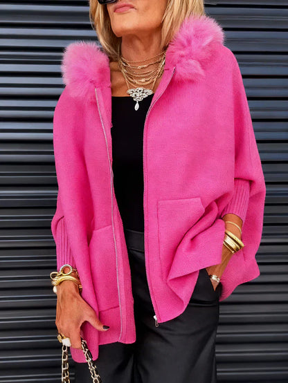 ⏳Zeitlich begrenzt 50 % Rabatt💥Damenjacke mit Fellkragen in Uni-Farbe für den Freizeitlook
