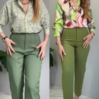 🔥🌸2-teiliges Set aus bedrucktem Hemd und Hose mit Knöpfen für Damen