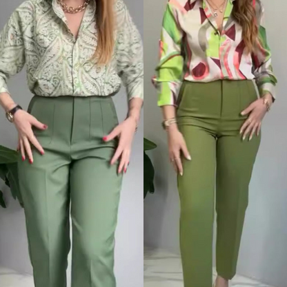 🔥🌸2-teiliges Set aus bedrucktem Hemd und Hose mit Knöpfen für Damen