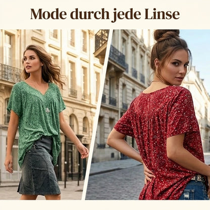 🌞Frühlingserwachen: 50% Rabatt!🌸Damen Kurzarmbluse mit Frühlingsblumenprint: V-Ausschnitt & lockere Passform – Atmungsaktiv, knitterfrei & figurschmeichelnd für Frühling & Sommer