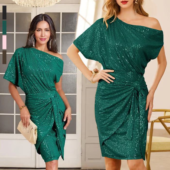 💃 LETZTER TAG - 50% RABATT! ✨ FUNKELNDES RÜSCHENKLEID - Ein Schulterteil mit Glitzer, Elegant für Abendmode und besondere Anlässe 🌟