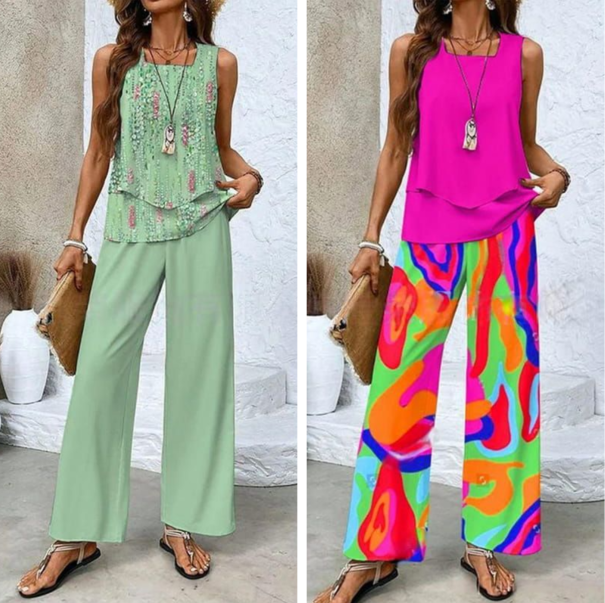 🔥50% RABATT🌺Modische Zweiteilige Damen-Outfits mit bedrucktem ärmellosen Oberteil & Hose