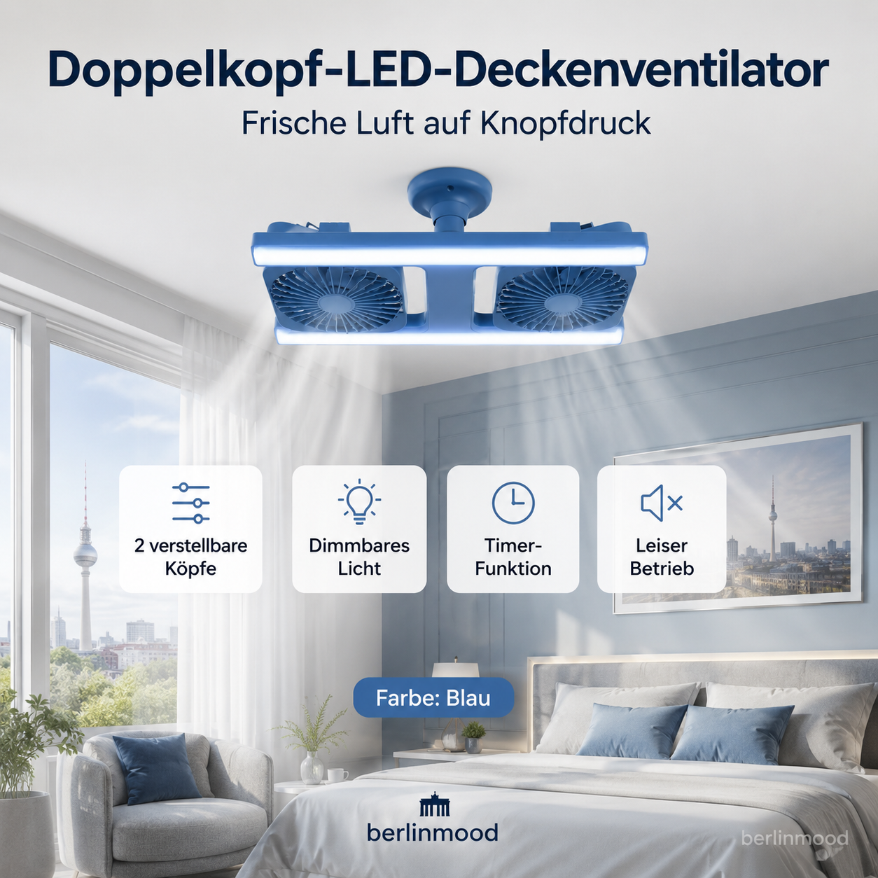 🌬️✨Deckenventilator mit Doppelkopf und LED-Licht – modernes Design mit Fernbedienung für Wohnzimmer & Schlafzimmer