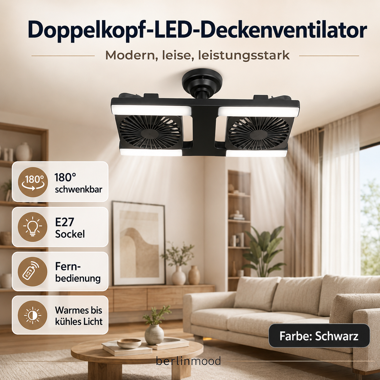 🌬️✨Deckenventilator mit Doppelkopf und LED-Licht – modernes Design mit Fernbedienung für Wohnzimmer & Schlafzimmer