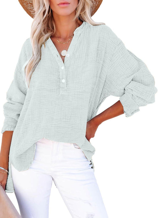 🍀Blusas casuales de gasa con botones al frente y manga larga para mujer en talla grande