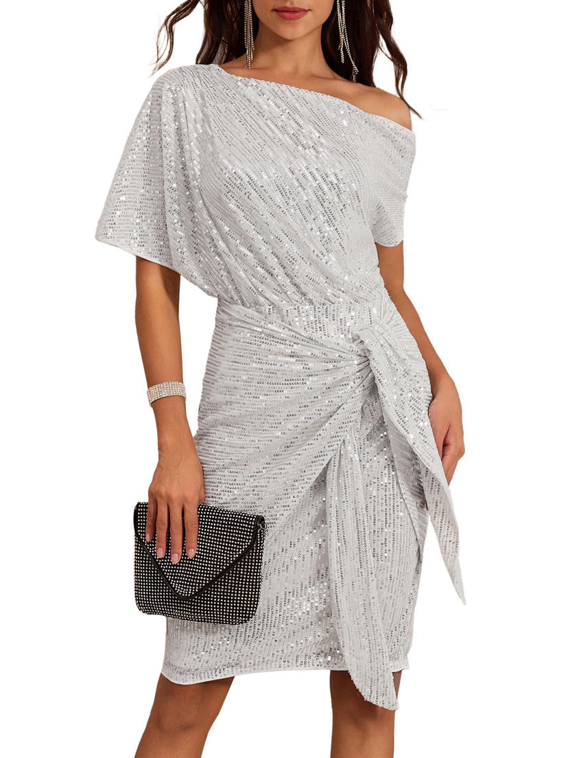 💃 LETZTER TAG - 50% RABATT! ✨ FUNKELNDES RÜSCHENKLEID - Ein Schulterteil mit Glitzer, Elegant für Abendmode und besondere Anlässe 🌟