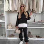 🌸Frühling Heiße Neuankömmlinge✨🩷Lässiger Sweatshirt-Anzug mit Kapuze und Patchwork für Damen