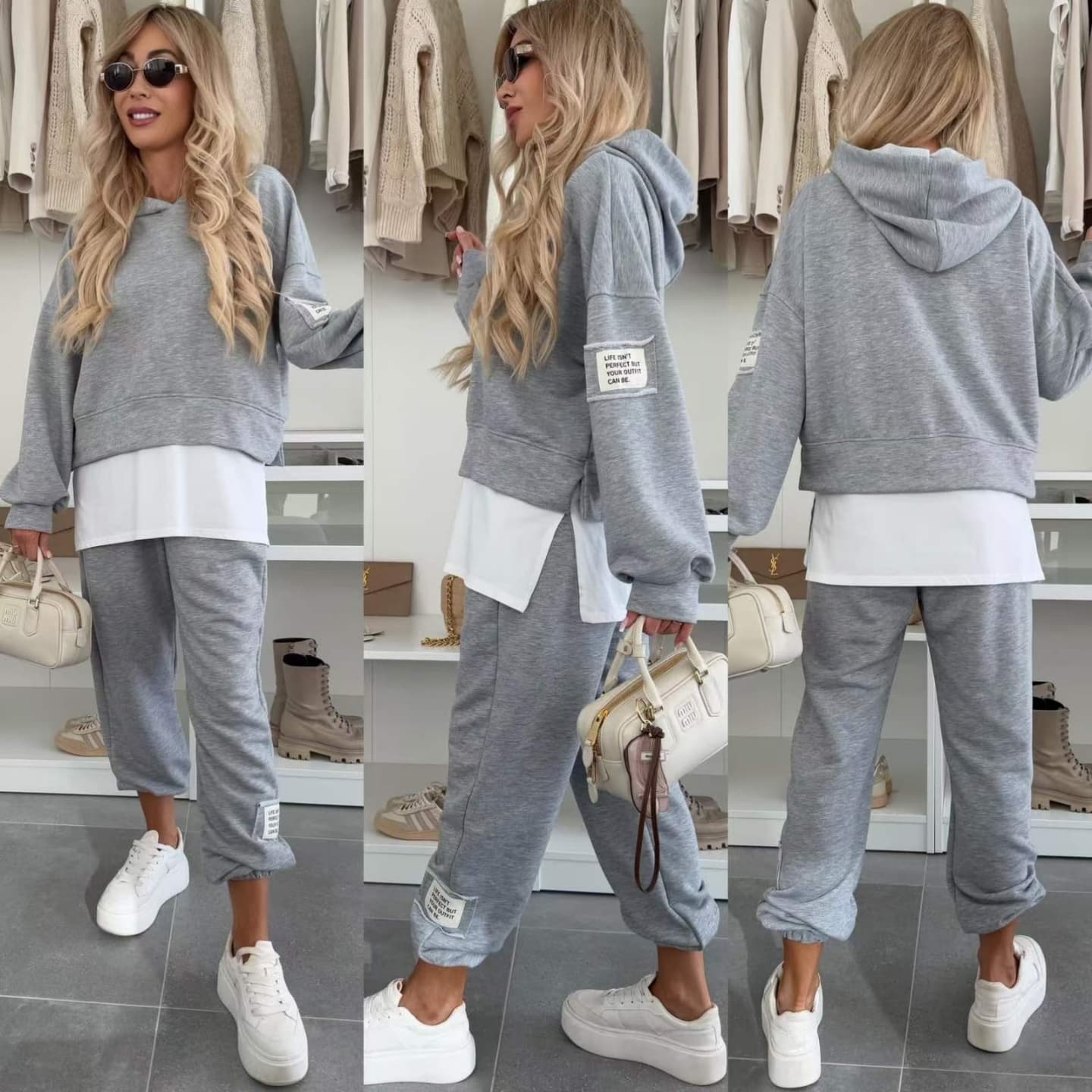 🌸Frühling Heiße Neuankömmlinge✨🩷Lässiger Sweatshirt-Anzug mit Kapuze und Patchwork für Damen