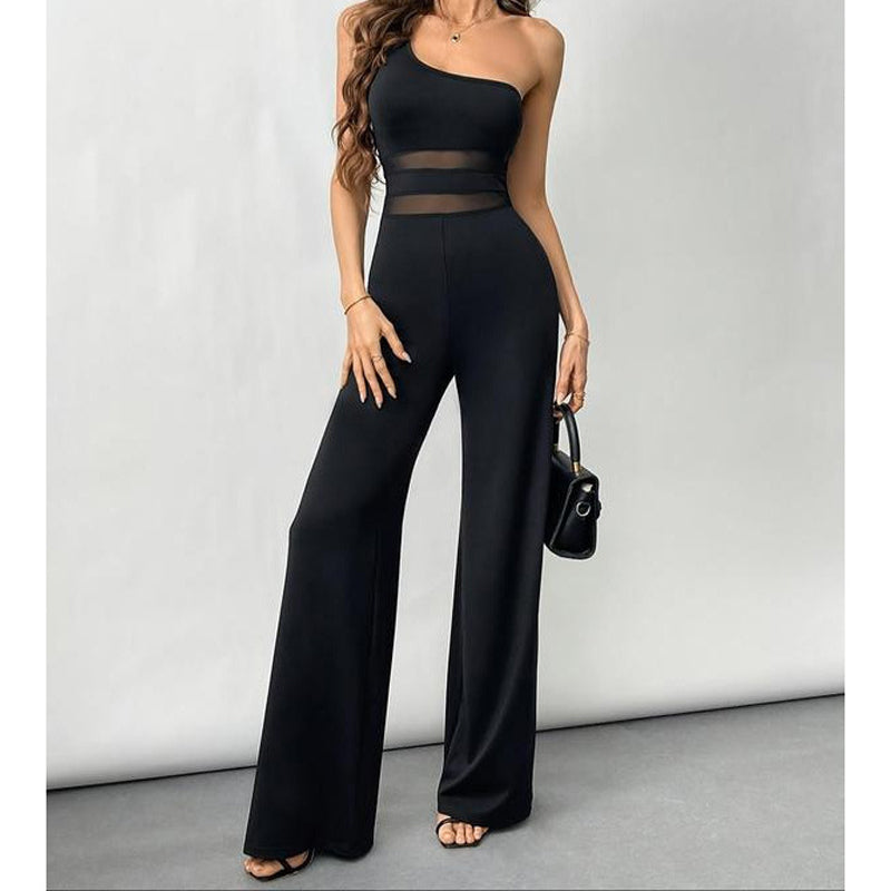 One-Shoulder Jumpsuit mit weitem Bein und Netzeinsatz