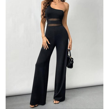 One-Shoulder Jumpsuit mit weitem Bein und Netzeinsatz
