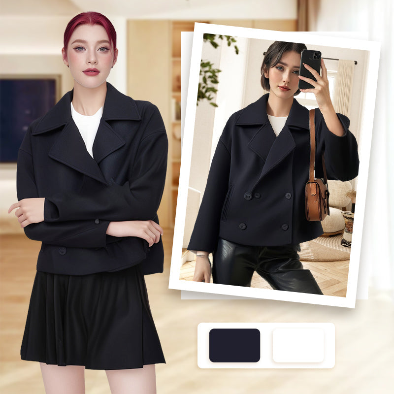 Doppelreihige Damen-Kurzjacke in Uni-Farbe mit Reverskragen