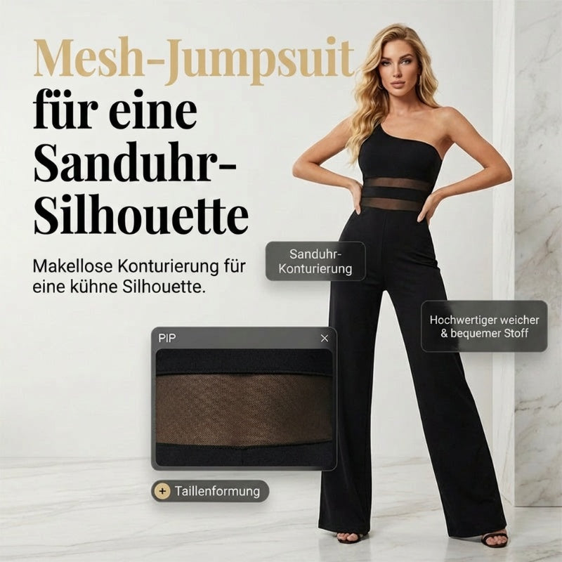 One-Shoulder Jumpsuit mit weitem Bein und Netzeinsatz