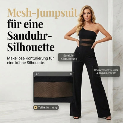 One-Shoulder Jumpsuit mit weitem Bein und Netzeinsatz