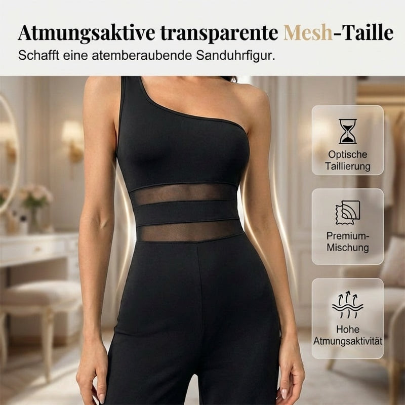 One-Shoulder Jumpsuit mit weitem Bein und Netzeinsatz