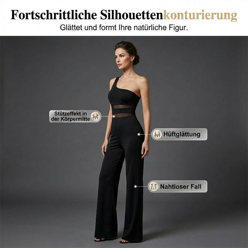 One-Shoulder Jumpsuit mit weitem Bein und Netzeinsatz
