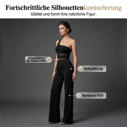 One-Shoulder Jumpsuit mit weitem Bein und Netzeinsatz