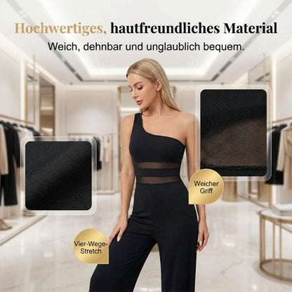 One-Shoulder Jumpsuit mit weitem Bein und Netzeinsatz