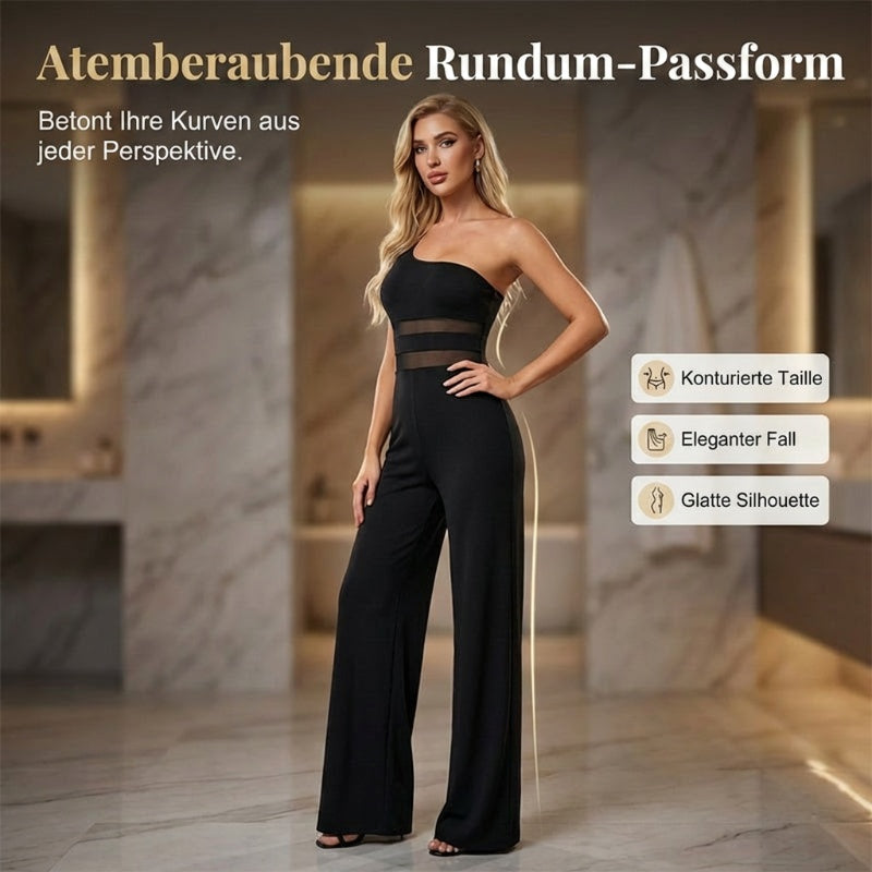 One-Shoulder Jumpsuit mit weitem Bein und Netzeinsatz
