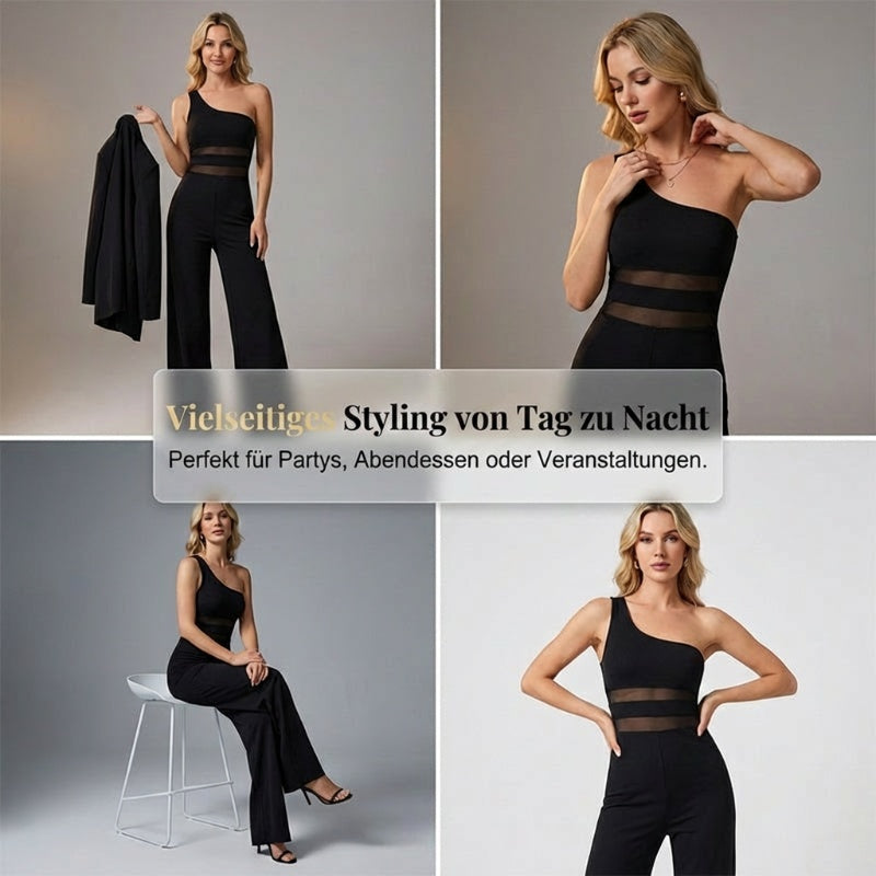 One-Shoulder Jumpsuit mit weitem Bein und Netzeinsatz