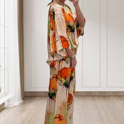 Traje elegante y suelto de 2 piezas con presión floral de acuarela para mujeres de gran tamaño