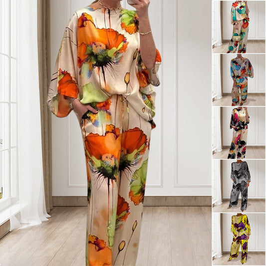 Traje elegante y suelto de 2 piezas con presión floral de acuarela para mujeres de gran tamaño