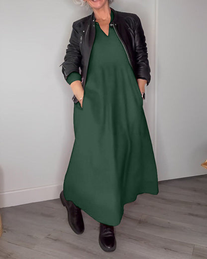 🎁Heiße Neuankömmlinge💃 Elegantes Kleid mit V-Ausschnitt und langen Ärmeln