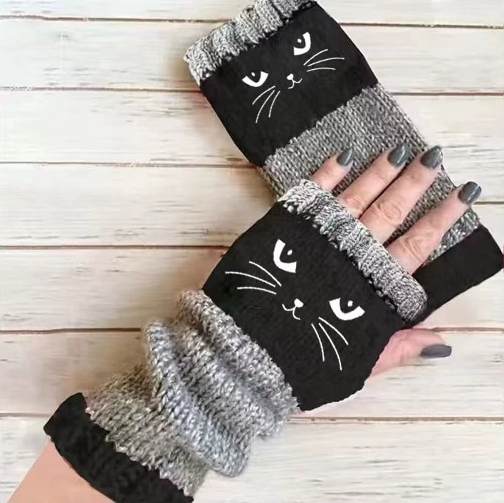 🔥LETZTER TAG – KAUF 1, ERHALTE 1 GRATIS🧤Damen-Strickhandschuhe ohne Finger mit süßem Katzenmuster🐱
