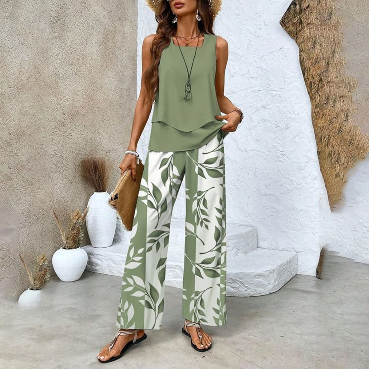 🔥50% RABATT🌺Modische Zweiteilige Damen-Outfits mit bedrucktem ärmellosen Oberteil & Hose