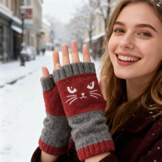 🔥LETZTER TAG – KAUF 1, ERHALTE 1 GRATIS🧤Damen-Strickhandschuhe ohne Finger mit süßem Katzenmuster🐱