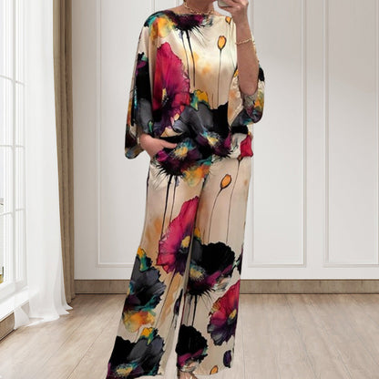 Traje elegante y suelto de 2 piezas con presión floral de acuarela para mujeres de gran tamaño