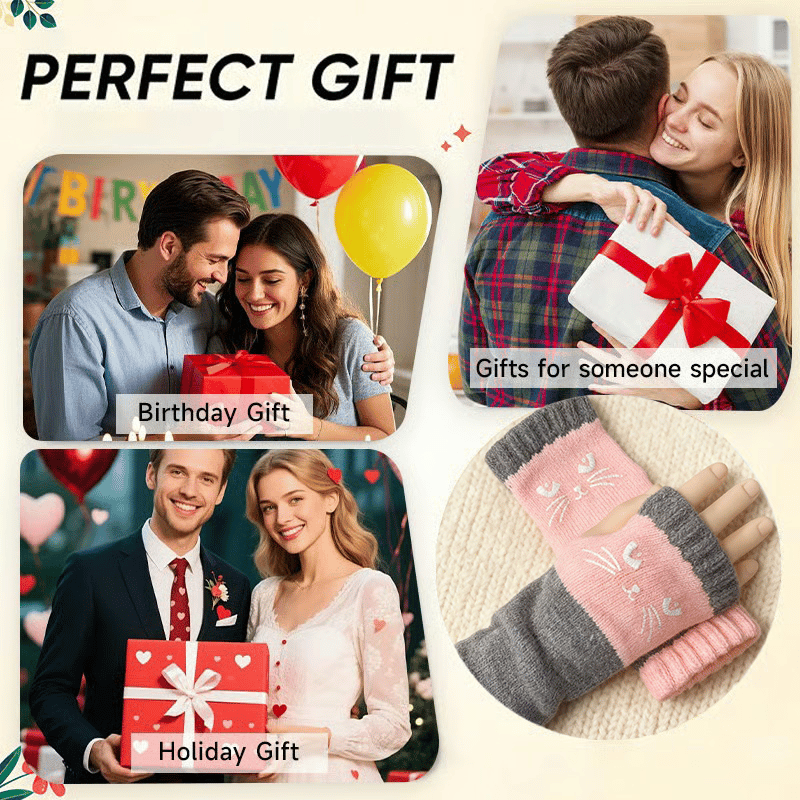 🔥LETZTER TAG – KAUF 1, ERHALTE 1 GRATIS🧤Damen-Strickhandschuhe ohne Finger mit süßem Katzenmuster🐱