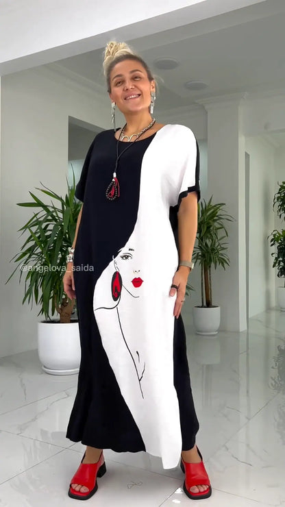👗Schönes, lockeres Maxikleid mit abstraktem Gesichtsdruck in Schwarz und Weiß