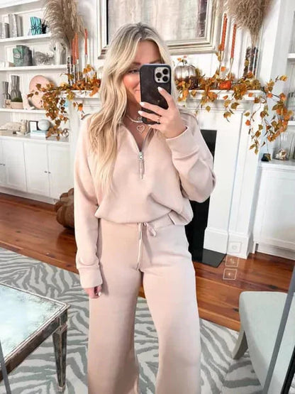 💝🔥Black-Friday-Mega-Angebot – 50 % Rabatt!🔥Damen-Loungeset aus 2 Teilen mit Oversize-Schnitt, halbem Reißverschluss und weitem Bein