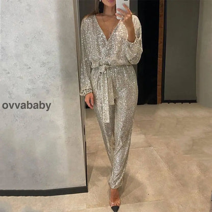 🌟💄Glitzernde Damen Jumpsuits mit V-Ausschnitt und Gürtel (Kostenloser Versand)