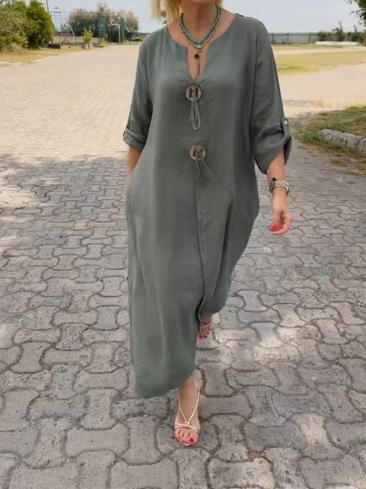👗50% de descuento✨Vestido casual de cuello en V en algodón y lino