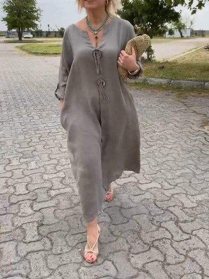 👗50% de descuento✨Vestido casual de cuello en V en algodón y lino